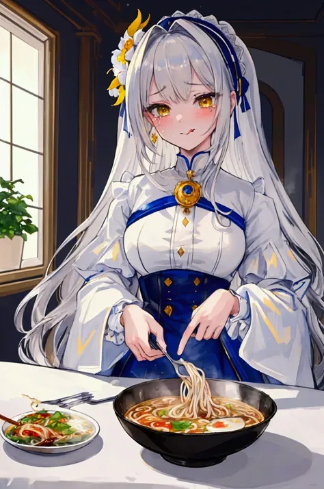 (super detailed:1.2, masterpiece:1.2, best quality:1.2, high res:1.2), Saintess, Silver hair, white and blue clothes,  yellow eyes ,  Blushing , Spicy , I enjoy using a fork ,  Spicy ,  Dining Table , ramen, Stick out your tongue,  Tears