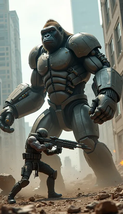  A cybernetic gorilla with giant mechanical arms and a shiny chest made of carbon fiber, fighting alongside a muscular soldier wielding a rocket launcher on an urban battlefield 