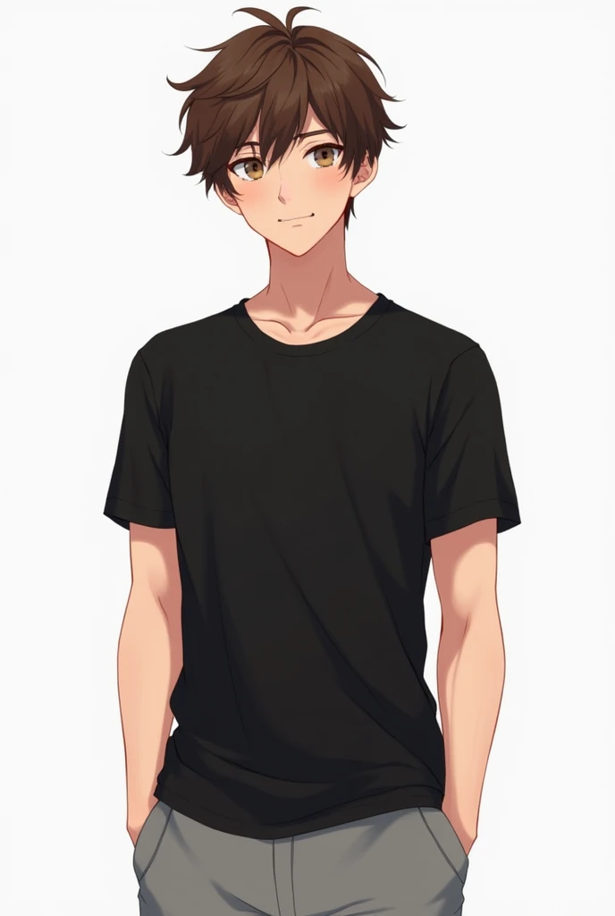 gender male
hair messy brown hair 
eyes hazel brown 
built hes of average height, with a lean build but a little muscular. handsome face, chill exterior, realistic anime style, black shirt, grey sweatpants.