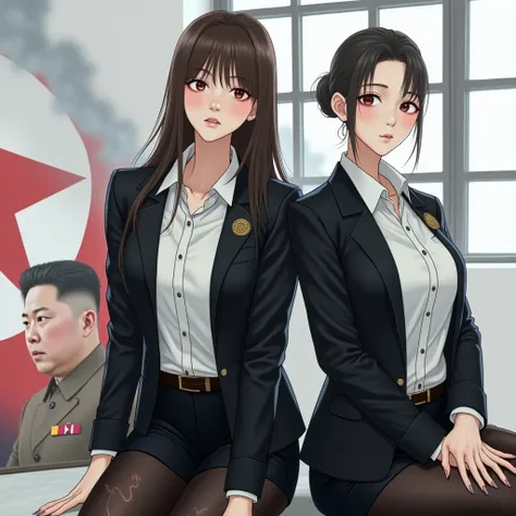 (Actual picture 1 .5), (( best quality)), ((masterpiece)), ( Detailed ) 2 women(White military uniform ,,prostitute,22 years old,  Korean girl, ,Attention, Immovable posture ,Skirt office ,) ( full body 1 .9), ,. , Standing. Smile.  behind it is a wicked S...