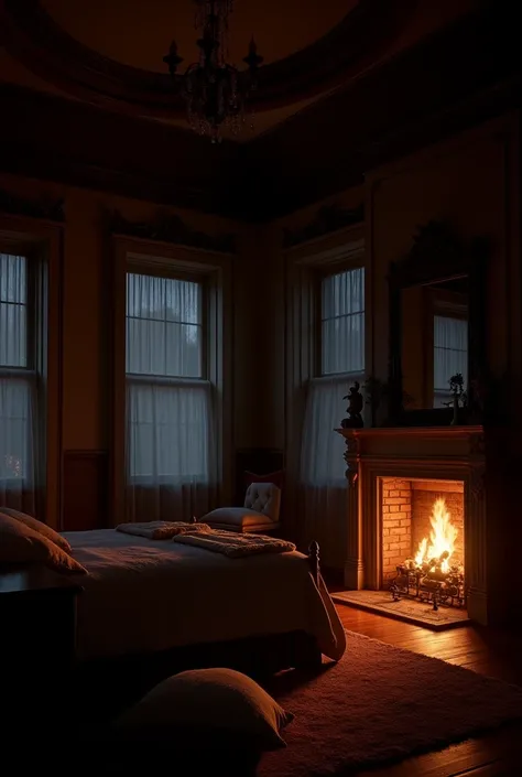  Victorian bedroom only illuminated by fireplace light,  Its dark outside , It&#39;s night time, You can see the bed and the fireplace ,  on the floor next to the fireplace there are cushions and blankets.  There is no one in bedroom  