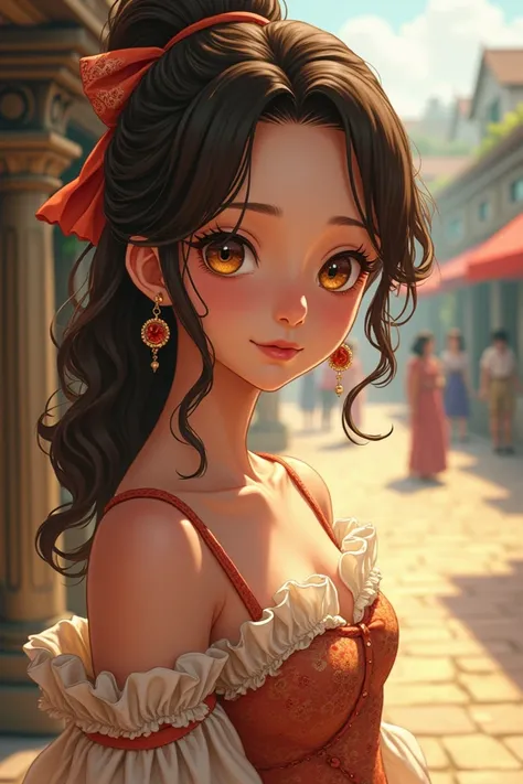  create a character from One Piece ,  that is a girl with brown hair and a little wavy and medium size, pretty honey-colored eyes ,  pale skin and who is wearing a dress  