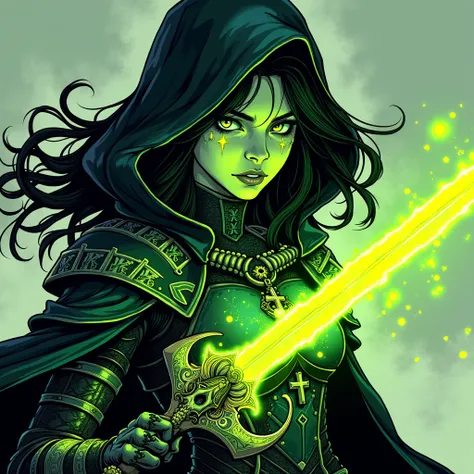 A mysterious female warrior illustrated in a Japanese manga comic style, featuring bold ink lines, dynamic shading, and dramatic contrasts. She wears a dark, hooded cloak adorned with intricate gothic designs, with her glowing neon-green hair flowing wildl...