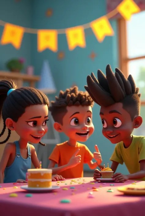 One with straight hair with different braids ,  a boy with a huge mohawk and a black boy with pyramid-shaped hair 
All s in a Pixar-style cartoon
At a party with yellow and blue decoration