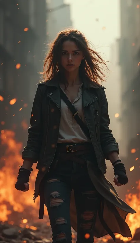 brown-haired female protagonist, sudden rise, fierce struggle, defiance, fear and resolve, desperate attempts, electric atmosphere, shadows, rebellion, courage