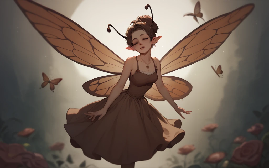 Beautiful fairy flying, she has butterfly brown wings and antennae , 
She is wearing brown dress
Dark horror High resolution,  Anatomically correct ,  depth of field ,  Lines of motion, 

Ilustração, Anime,Estilo rococó, 