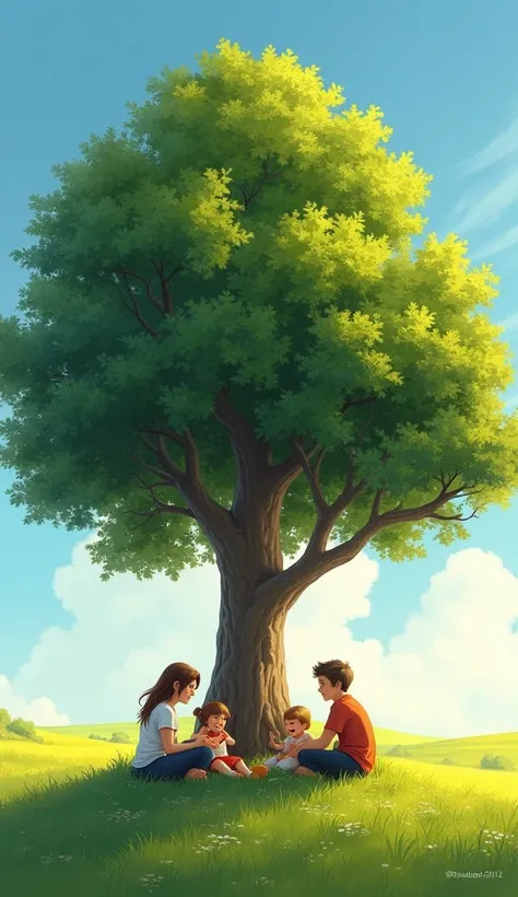 "A sturdy tree in a field, with a family sitting around it, laughing and talking under its shade."