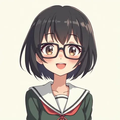  1 girl,  smiles,  shortcut,  black hair,  anime style, Glasses　uniform　Wam