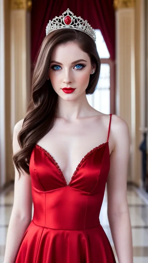 White woman, pale skin, beautiful, Realistic,  detailed face , made up, black eyeliner,  long eyelashes ,  blue eyes ,  red lips,  long hair ,  wearing a princess dress,  bare breasted,  very small chest, cuerpo completo, posing in the palace  