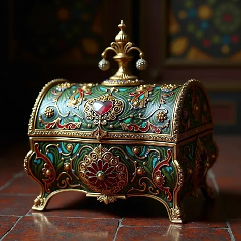 A luxurious medieval treasure chest made of gold and intricately carved wood, adorned with sparkling gems like rubies, sapphires, and emeralds. The chest is surrounded by a magical glowing aura, resting on a stone pedestal in a dimly lit castle chamber wit...