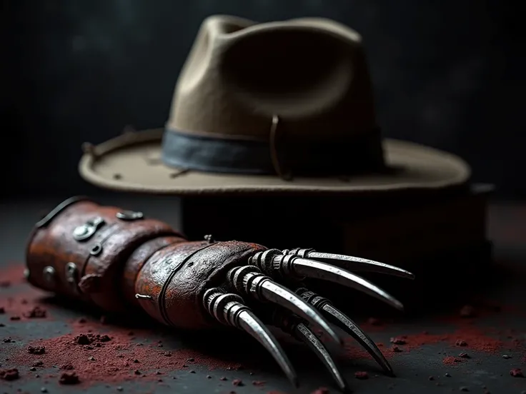 Realistic and dark image of Freddy Kruegers glove and hat