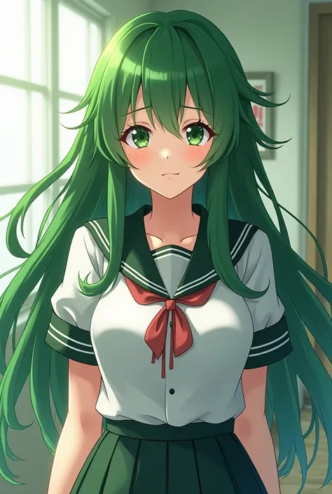 Toru Hagakure, Women, long hair ,  green hair,  Large breasts , smile, ahegao, shy,  green eyes,  schoolgirl clothing