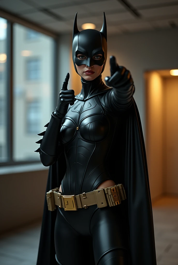 Realistic, 8k, ultra detailed, milf pointing finger at viewer very angry face expression, milf wearing a tight-fitting skintight push up wedgie tight light black rubber batsuit, milf wearing a matching black rubber batgirl mask, milf wearing black rubber b...