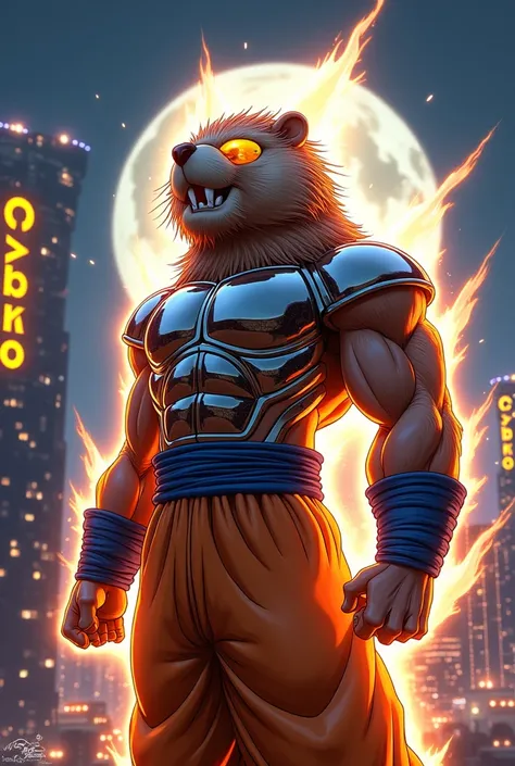 I want to make Goku level God with a beavers face, Oakley Gold lenses Super Saiyan God Battle Mode. Metallic and shiny colors .   in a city at night, You can see the full Moon and a building reads CYBRO in Yellow and the rays of energy that come out of you...