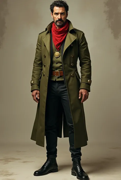 Carlos Fitzcarrald ,  Peruvian merchant dressed in His military uniform is slightly altered by an air of resistance:  military-cut olive green jacket ,  tight pants with black leather boots ,  and a red scarf that symbolizes his fight for justice . on his ...