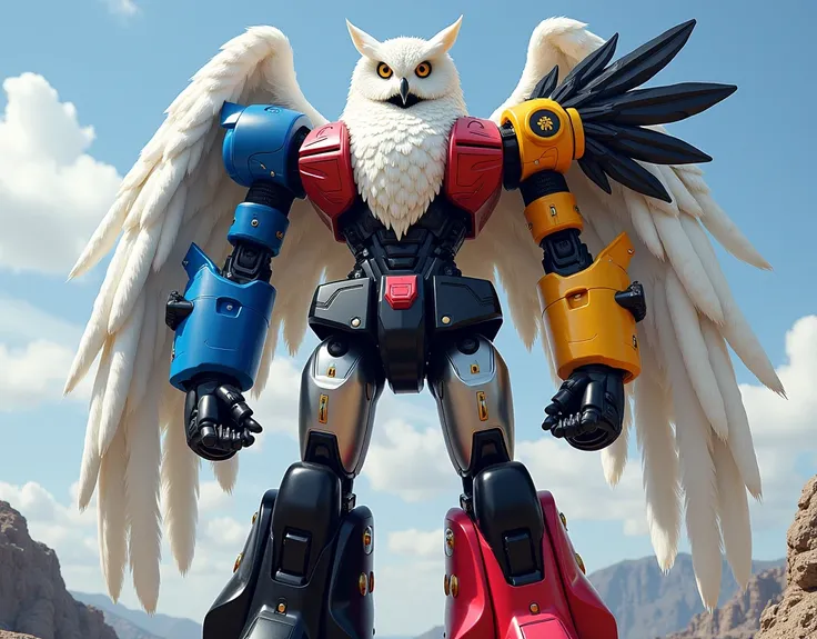  giant Megazord composed of the body of a white owl , the blue left arm ,  the right black arm with the shoulder strap in the shape of a piranha ,  the waist the body of a red frog where its legs meet the pink right leg and the yellow left leg.