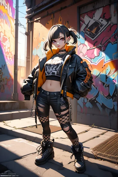 ((Best Quality)), ((Masterpiece)), (Detailed: 1.4), (Absurd), Depiction of a beautiful, urban girl with an edgy, punk-inspired style. She has a confident and captivating presence with striking facial features, including high cheekbones, a bold gaze, and a ...