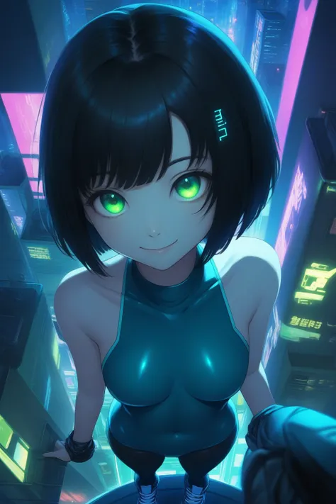  from directly above 　whole body　  bust close-up  　      girl　18 years old　       black hair short bob cut　 Green Eyes　smile　  Blue High Neck Swimsuit  　tights　   High Top Sneakers  　Cyberpunk Night View   