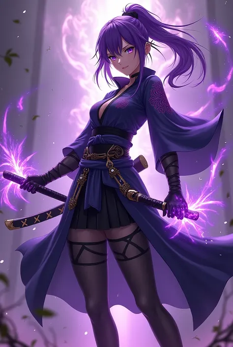 A  anime character, purple magic controller, with a black katana, with a phoenix or animosity