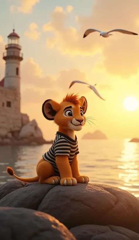 Kittu, the 4-month-old male baby lion, sitting on a rock by the sea, his striped T-shirt and black pant glowing faintly in the morning sun. His face shows a thoughtful expression as he gazes at the ruins of the lighthouse. The background features a calm se...