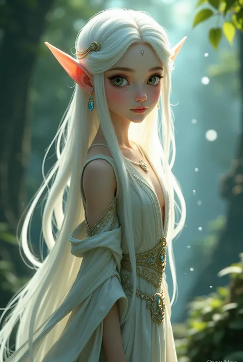 a young female elf whose appearance is like Princess Yues from Avatar the Last Airbender