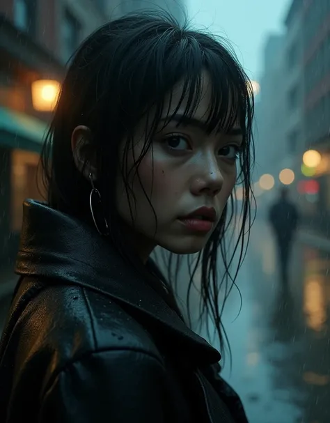 A lone figure walking through a rainy city street, dim streetlights reflecting off wet pavement, surrounded by misty buildings. Close-up of a rain-soaked woman’s face, her eyes filled with quiet sorrow.