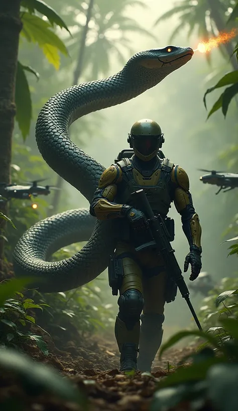 A robotic snake with reflective ceramic scales and infrared ,  camera eyes wrapped around the arm of a muscular serviceman using a combat exoskeleton as they take on enemy drones in a dense jungle."