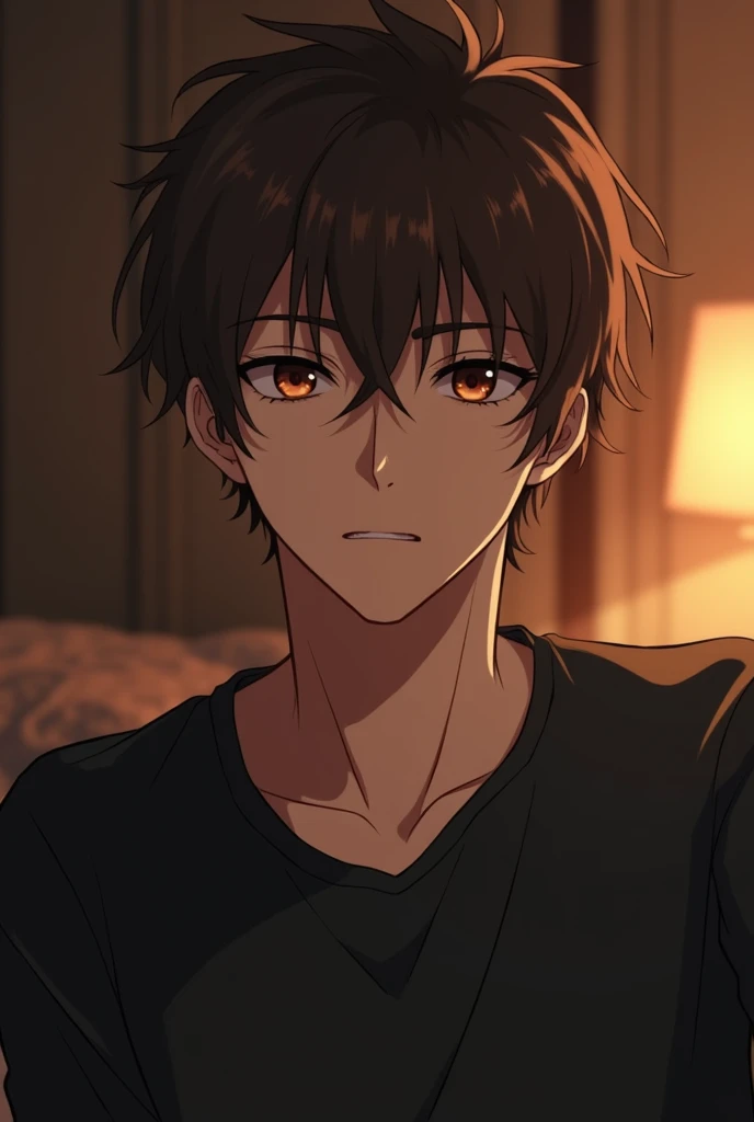 gender male
hair messy brown hair 
eyes hazel brown 
built hes of average height, with a lean build but a little muscular. handsome face, cold exterior, anime style, black shirt, cozy background. close up.