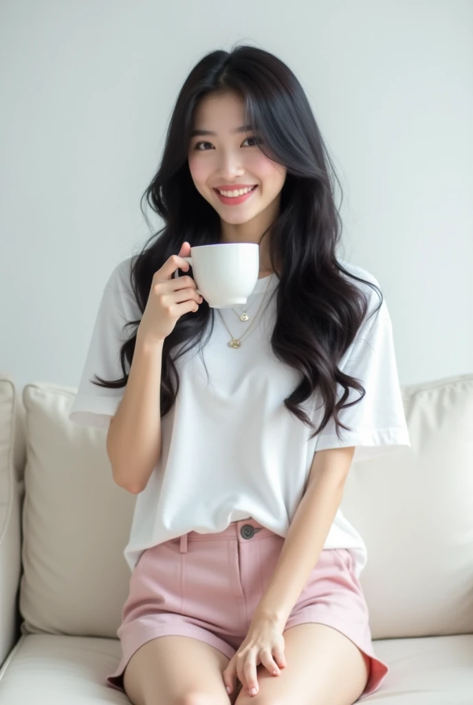 "K-pop style women&#39;Realistic images、   Korean beauty   , length, Wavy black hair.White wall background、  Im wearing a white long t-shirt ., Im wearing light pink shorts、Im sitting on a white couch 。 shes sitting next to a white couch 、Its a girl  。   h...