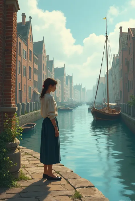 １A human woman stands quietly at the harbor 　 a port town lined with brick buildings