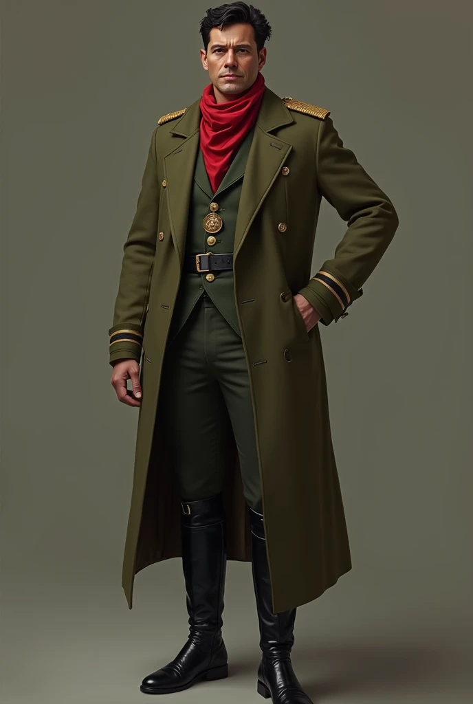 Carlos Fitzcarrald ,  Peruvian merchant dressed in His military uniform is slightly altered by an air of resistance:  military-cut olive green jacket ,  tight pants with black leather boots ,  and a red scarf that symbolizes his fight for justice . on his ...