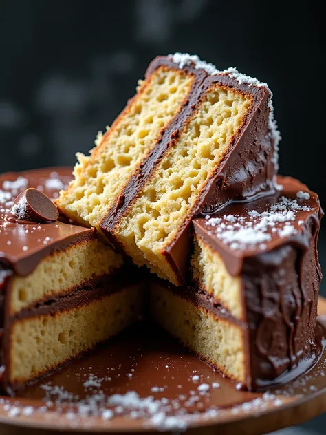 Cinematic chocolate scene,  chocolate cake ,  dark background, high quality photo, wet texture, glaze, studio photo, piece,  shallow depth of field , vignette, very detailed, big budget, hips, cinemascope, gloomy,  epic ,  Gorgeous,  film grain , grainy