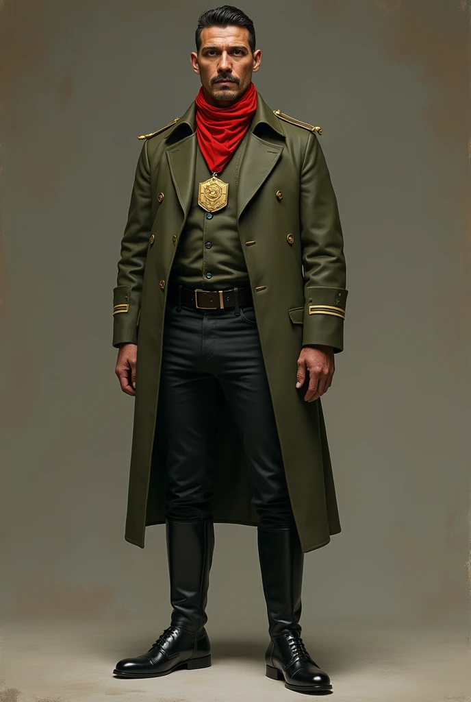 Carlos Fitzcarrald ,  Peruvian merchant dressed in His military uniform is slightly altered by an air of resistance:  military-cut olive green jacket ,  tight pants with black leather boots ,  and a red scarf that symbolizes his fight for justice . on his ...