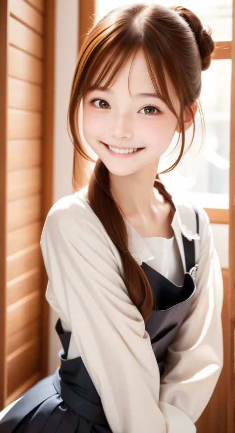 maid,cute pretty girl,masterpiece,high definition,4k,8k,16k,chignon hair,brown hair,skinny,thin body,smile