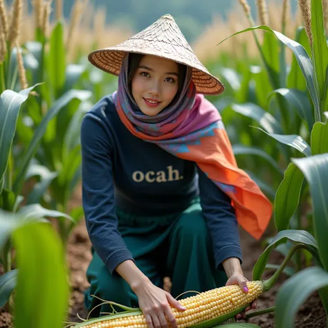 realistic, hyperrealistic, beautiful Korean woman, wearing a rainbow colored hijab ((hijab covers hair and neck)), hair and neck are not visible, wearing a dark blue long-sleeved shirt ((shirt is a bit too big so it doesnt look too tight)) with the word "O...