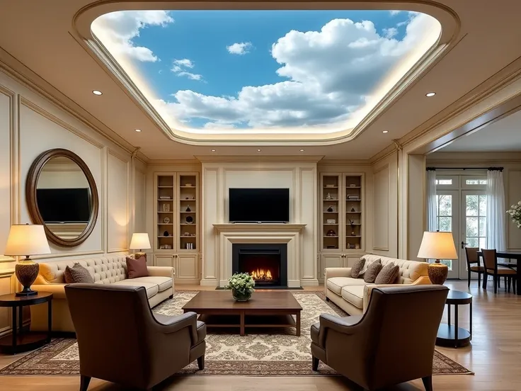 The image shows a luxurious living room with a high ceiling that has a beautiful blue sky with white clouds. The room is furnished with a large sofa, two armchairs, a coffee table, and a TV mounted on the wall. The sofa is upholstered in a beige fabric and...