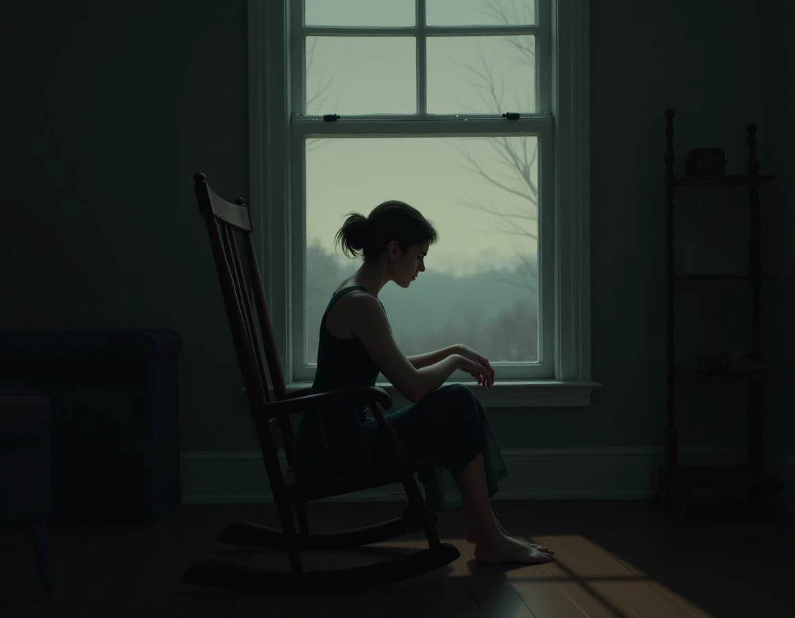 depressed woman in rocking chair looking out the window