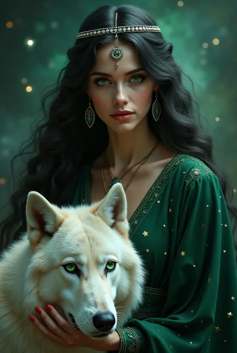  One stunning superrealistic depiction of a woman ,  portrayed as a majestic and ethereal figure .  She is surrounded by a starry night sky ,  with flowing long dark green clothes that remind you of the cosmos ,  adorned with bright stars . its length,  wa...