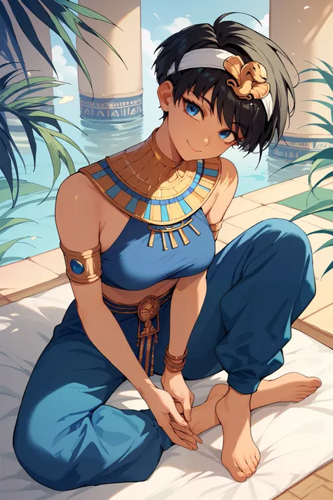 1woman, blue eyes, short black pixie style hair,pixie hair white headband,Black hair,Anime style,blue big pants,Smiling,blue top happy, sexy ,Curvy body,Egyptian style, golden details, barefoot,Egyptian style, in an oasis
