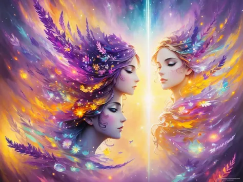 " psychedelic and immersive art of a woman superimposed with the universe .  multicolored birds and luminous fairies float aroun...