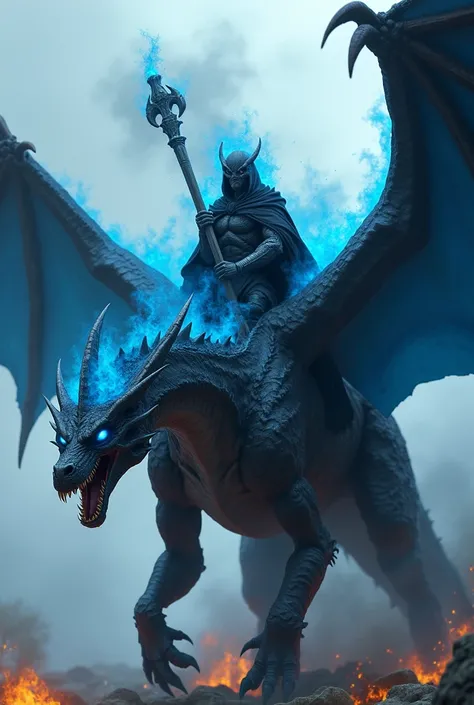 semi-zombified dragon with a mouth capable of engulfing the entire world with wings on fire with blue fire from hell mounted by a semi-humanoid being that is wielding a demonic sword and a cape with blue fire from hell