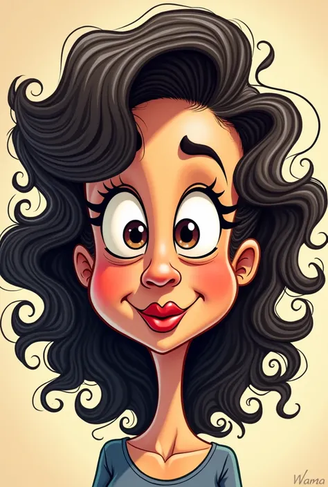 exaggerated cartoon of a woman with a square face,  big eyes, straight nose and long curly hair