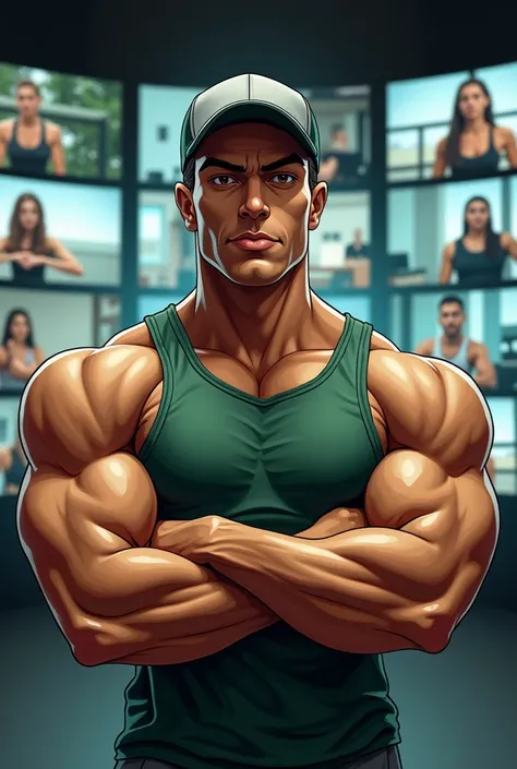 A mural with a tan-skinned trainer with a hat and without a beard with brown eyes  ,  an imposing look that is with his arms crossed and who is wearing green and gray sportswear and that behind him is reflected a split screen of online classes of 8 student...