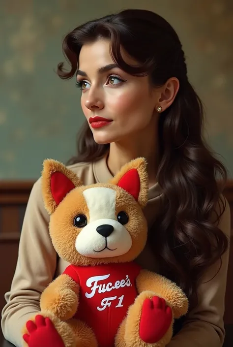 long haired Audrey Hepburn holding f1 branded bucee plush , not looking at camera lens