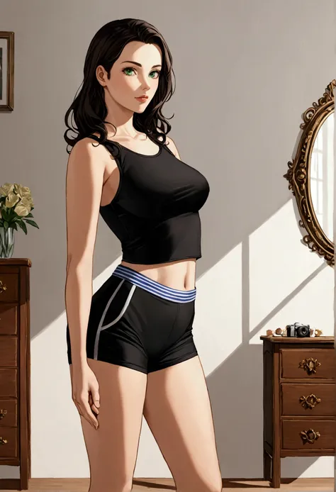 A realistic, photorealistic depiction of a young woman named Kelly. She has long, wavy dark brown hair, striking green eyes, fair skin, and an athletic yet curvy figure. She is posing confidently in a modern, minimalist room, standing slightly turned to th...