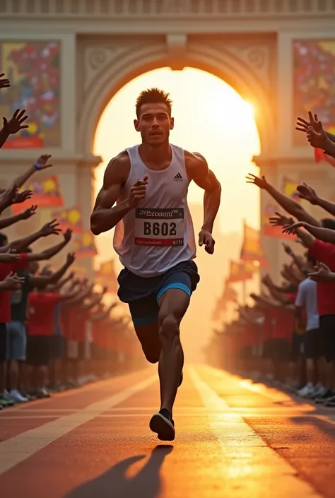 The same young man reaching the finish line of the Marathon 









