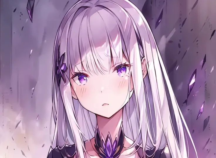 (masterpiece:1.2, best quality:1.2), 1 girl , solo, white hair, The ✳-hairpin is on the left, Long straight hairstyle, Dark-purple eyes, black clothes