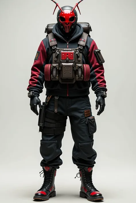 Create an H1Z1 character wearing a Red and black anthead helmet no antennas, black and red tactical jacket, crown military backpack, heavy assault combat boots, with black baggy jeans, black gloves, and a red X con armor