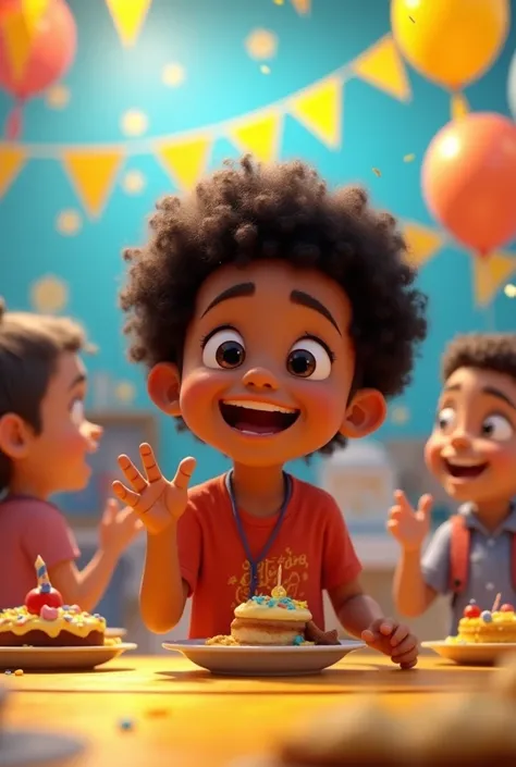 A curly  black boy with a triangle-shaped callus 
Pixar-style cartoon 
Having fun at a party with yellow and blue decoration