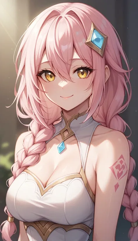 score_9,score_8_up,score_7_up,score_6_up changli-wuwa, 1girl, solo, breasts, pink hair, smile, yellow eyes, looking at viewer, cleavage, braid, upper body, bare shoulders, hair between eyes, hair ornament, multicolored hair, bangs, tattoo, white hair, long...